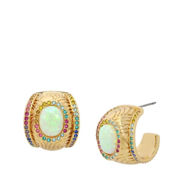 KURT GEIGER LONDON SIGNATURE SOUTHBANK GOLD TONE OPAL RHINESTONE HOOP EARRINGS - Picture 1 of 2